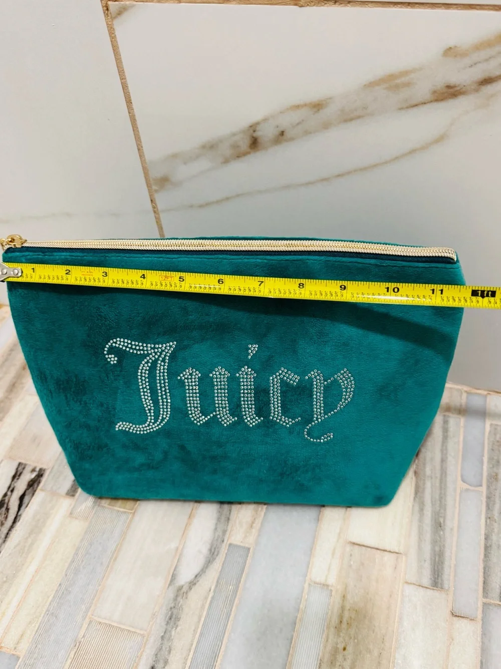 Juicy Couture Teal Velour Cosmetic Makeup Travel Pouch Rhinestone Logo